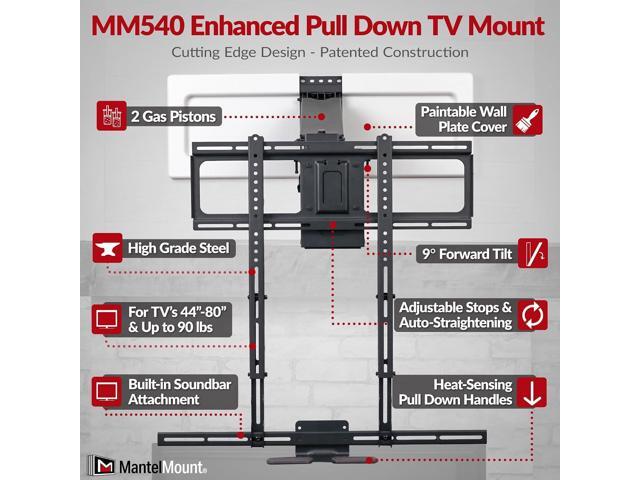 MantelMount MM540 - Above Fireplace Pull Down TV Mount for 44' to 80' Screen TVs to 90 lbs, with Patented auto-straightening, Adjustable Stops,...