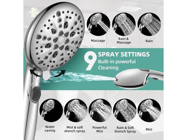 High Pressure 9 Functions Shower Head with handheld - Luxury Modern Chrome Look, Built-in Power Spray to Clean Corner, Tub and Pets, Stainless...