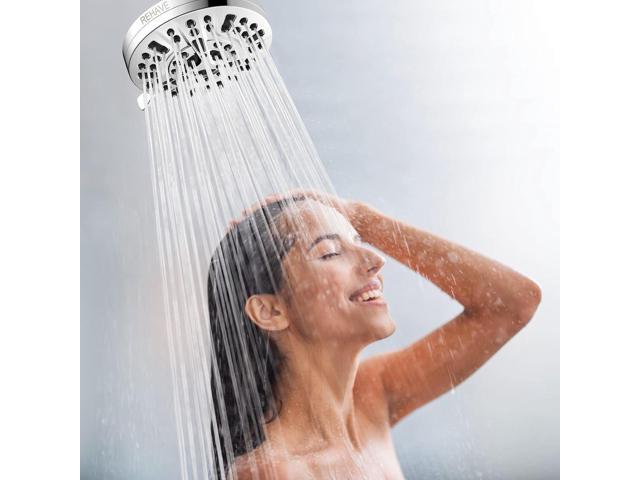 REHAVE 5.1-Inch Rainfall Shower Head with 63 Jets, 8 Spray Modes - Chrome Finish, Brass Angle-Adjustable, Anti-Clogging Silicone Nozzles