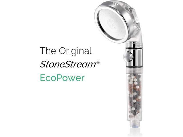 Original StoneStream EcoPower High Pressure Handheld Shower Head with ON OFF switch- 3 Spray Settings with Hose, Wall Adapter and Replacement Beads