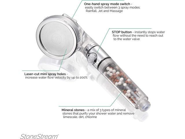 Original StoneStream EcoPower High Pressure Handhled Shower Head + Shower Filter + Wall Adapter Kit
