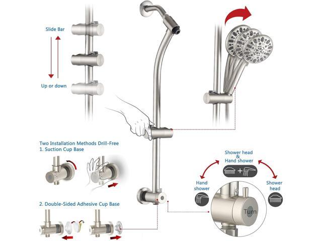 Rainfall 8 Inch Round Shower Head with High Pressure Handheld Spray Combo, Drill-Free Slide Bar with Adjustable Shower Extension Arm, 3-Way...