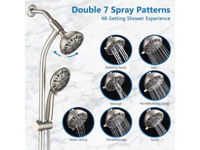 High Pressure 48-Settings Shower Head with Handheld Shower,Drill-Free 3-Way Diverter for Easy Reach,Adjustable Height Slide Bar Dual Shower Head...