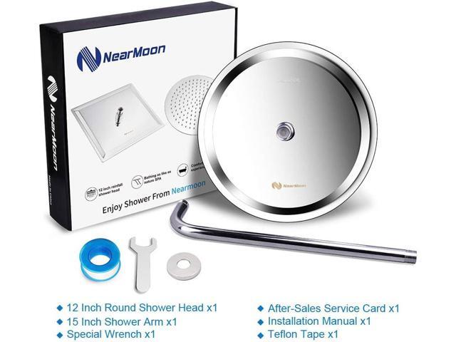 NearMoon Round Rain Shower Head With Extension Arm, Large Stainless Steel Rainfall Shower-Waterfall Full Body Coverage (12 Inch, Chrome)