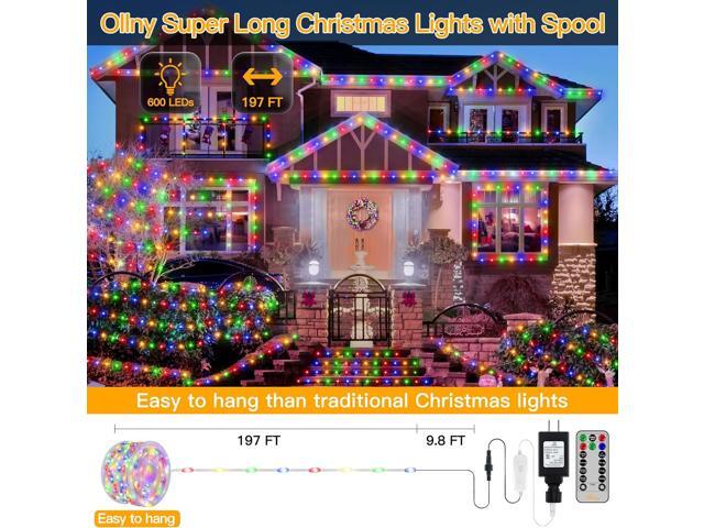Ollny Christmas Lights 600LED 197FT, IP67 Waterproof Christmas Tree Lights with Remote 8 Modes Timer Dimmable, Plug in Xmas Lights for Outdoor...