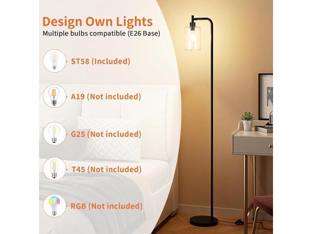Industrial Floor Lamp with Glass Shade - Black, LED Bulbs, Foot Pedal Switch, Easy Assembly