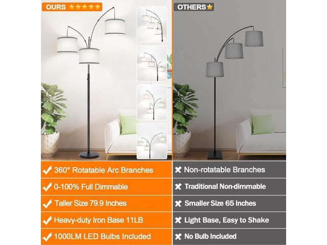 Dimmable Floor Lamp - 3 Lights Arc Floor Lamps for Living Room, 1000LM Modern Tall Standing Lamp With Gray Shades & Heavy Base, Mid Century Tree...