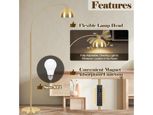 Upgraded Arc Floor Lamps for Living Room - Stepless Dimmable Gold Tall Lamp with Remote Control & Color Temperature 9W LED Bulb, Over Couch Arched...