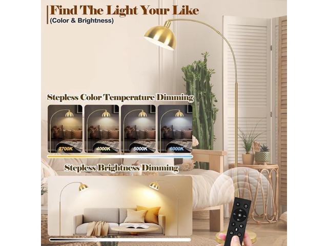 Upgraded Arc Floor Lamps for Living Room - Stepless Dimmable Gold Tall Lamp with Remote Control & Color Temperature 9W LED Bulb, Over Couch Arched...