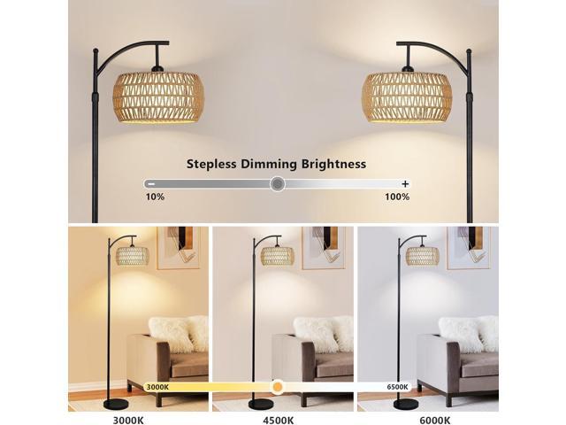 Arc Floor Lamp with Remote Control, Dimmable LED Floor Lamp with 3 Color Temperature, Black Standing Lamp with Rattan & Fabric Double Drum Shade,...