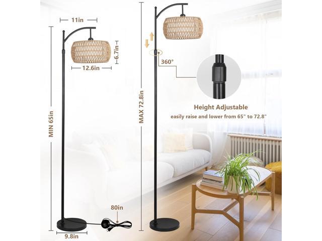 Arc Floor Lamp with Remote Control, Dimmable LED Floor Lamp with 3 Color Temperature, Black Standing Lamp with Rattan & Fabric Double Drum Shade,...