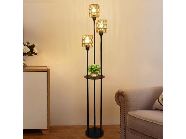 Boho Floor Lamp with Shelves, 3-Lights Farmhouse Tall Floor Lamp with ON/Off Foot Switch, Rustic Standing Lamp with Rattan Shades for Living Room...