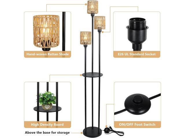 Boho Floor Lamp with Shelves, 3-Lights Farmhouse Tall Floor Lamp with ON/Off Foot Switch, Rustic Standing Lamp with Rattan Shades for Living Room...