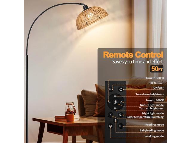 Rattan Floor Lamp- Modern Black Standing Floor Lamps with Remote Control and Stepless Dimmable Bulb, Hand-Worked Adjustable Rattan Lamp Shades...