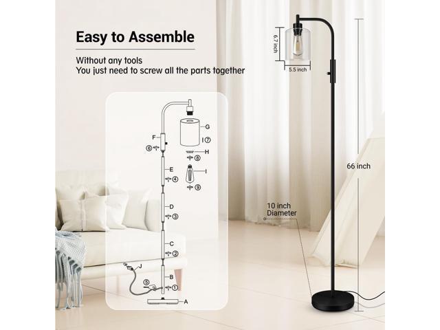 BoostArea Dimmable Modern Industrial Floor Lamp with Glass Shade, 6W LED Bulb Included, Bright for Living Room, Bedroom, Office