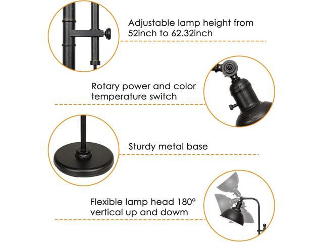Industrial Floor Lamp, 3 Color Temperature Rustic Floor Lamps in Aged Bronze, Adjustable Height & Head Standing Reading Lamp Farmhouse Lamp