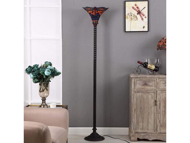 Bieye L10710 Dragonfly Tiffany Style Stained Glass Torchiere Floor Lamp with 13 Inch Wide Handmade Lampshade Metal Base for Dark Corner Living Room...