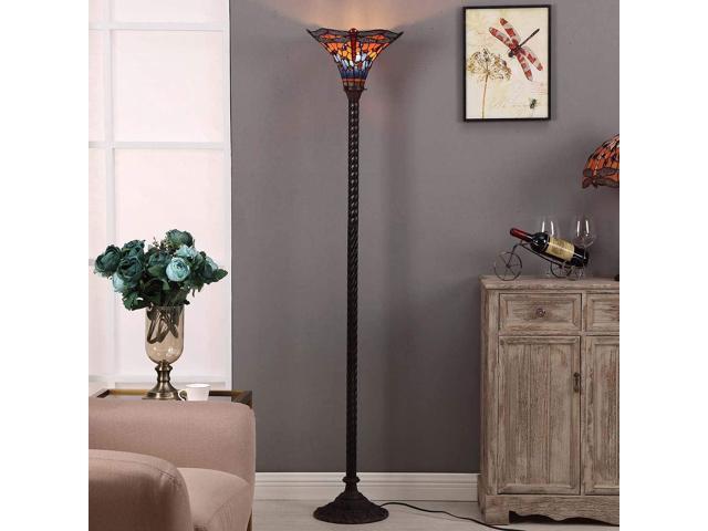 Bieye L10710 Dragonfly Tiffany Style Stained Glass Torchiere Floor Lamp with 13 Inch Wide Handmade Lampshade Metal Base for Dark Corner Living Room...