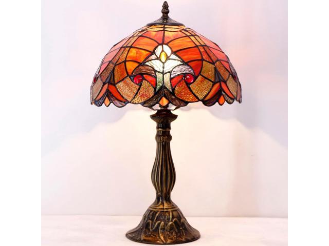 WERFACTORY Tiffany Lamp Red Liaison Stained Glass Table Lamp Desk Bedside Reading Light 12X12X18 Inches Decor Bedroom Living Room Home Office S160R...