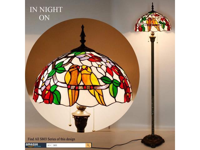 WERFACTORY Tiffany Floor Lamp Double Tropical Birds Stained Glass Standing Reading Light 16X16X64 Inches Antique Pole Corner Lamp Decor Bedroom...