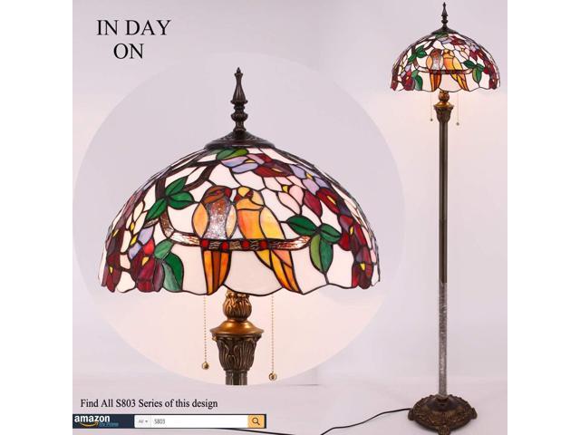 WERFACTORY Tiffany Floor Lamp Double Tropical Birds Stained Glass Standing Reading Light 16X16X64 Inches Antique Pole Corner Lamp Decor Bedroom...