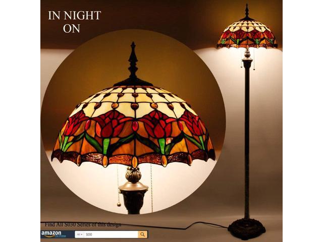 WERFACTORY Tiffany Floor Lamp Red Amber Tulip Flower Stained Glass Standing Reading Light 16X16X64 Inches Antique Pole Corner Lamp Decor Bedroom...