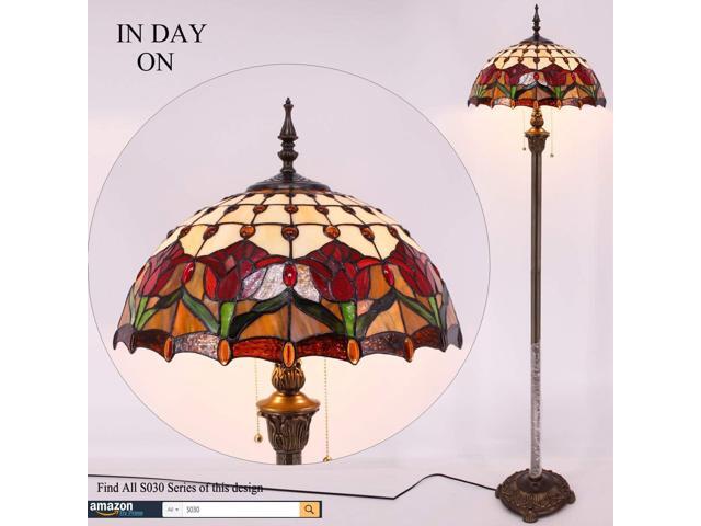 WERFACTORY Tiffany Floor Lamp Red Amber Tulip Flower Stained Glass Standing Reading Light 16X16X64 Inches Antique Pole Corner Lamp Decor Bedroom...