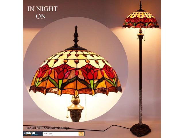 WERFACTORY Tiffany Floor Lamp Red Amber Tulip Flower Stained Glass Standing Reading Light 16X16X64 Inches Antique Pole Corner Lamp Decor Bedroom...