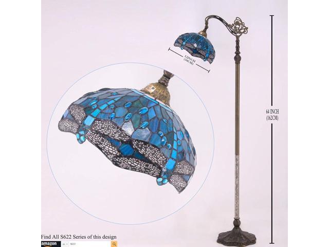 WERFACTORY Tiffany Floor Lamp Sea Blue Stained Glass Dragonfly Arched Lamp 12X18X64 Inches Gooseneck Adjustable Corner Standing Reading Light Decor...