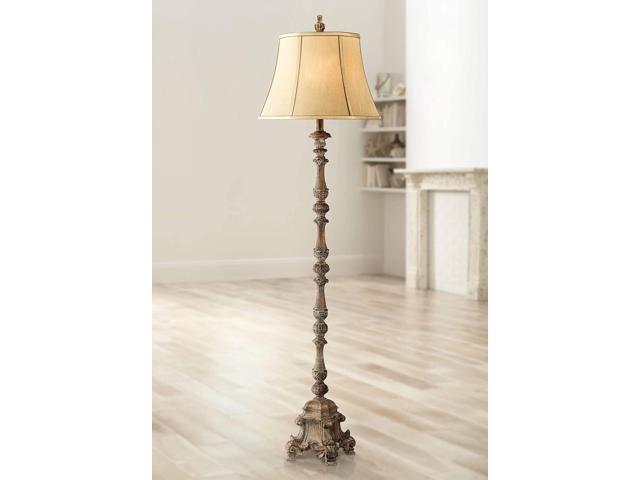 Regency Hill Rustic French Country Traditional Style Floor Lamp Standing 62' Tall Faux Wood Antique Candlestick Beige Silk Fabric Bell Shade Decor...