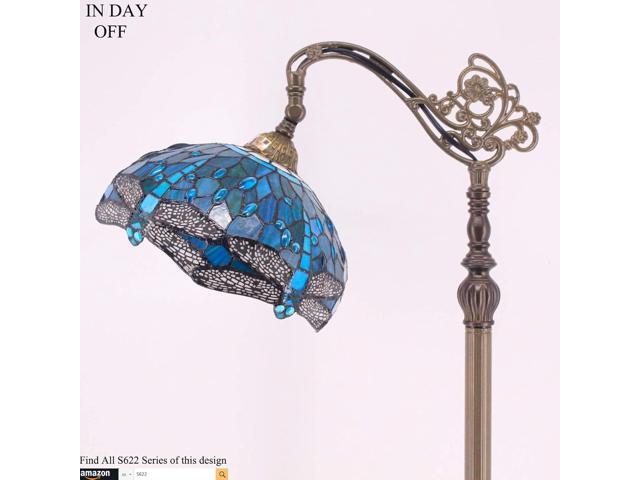 WERFACTORY Tiffany Floor Lamp Sea Blue Stained Glass Dragonfly Arched Lamp 12X18X64 Inches Gooseneck Adjustable Corner Standing Reading Light Decor...