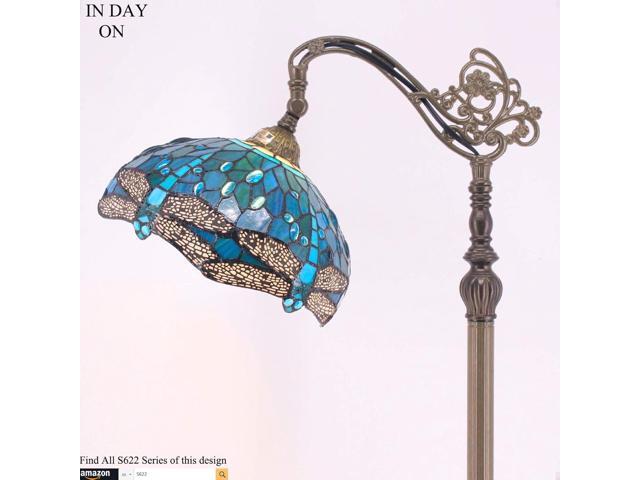 WERFACTORY Tiffany Floor Lamp Sea Blue Stained Glass Dragonfly Arched Lamp 12X18X64 Inches Gooseneck Adjustable Corner Standing Reading Light Decor...