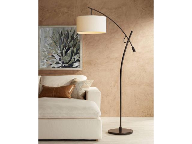 Possini Euro Design Raymond Modern Arched Floor Lamp Standing 69' Tall Bronze Brown Metal Slim Profile Off-White Linen Drum Shade Adjustable Boom...