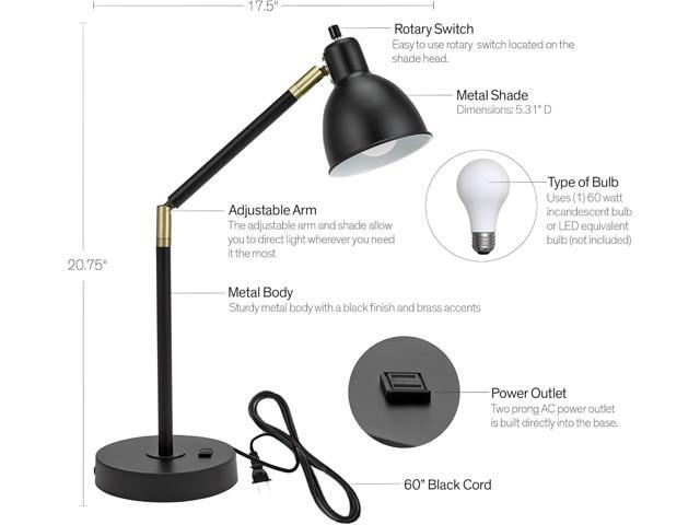 Catalina Lighting 20092-001 Modern Adjustable Desk Light with Power Outlet, Classic Table Lamp for Office, Dorm, or Bedroom, Reading Light...