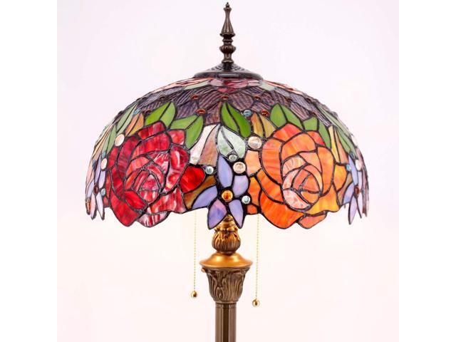 WERFACTORY Tiffany Floor Lamp Red Yellow Rose Stained Glass Standing Reading Light 16X16X64 Inches Antique Pole Corner Lamp Decor Bedroom Living...