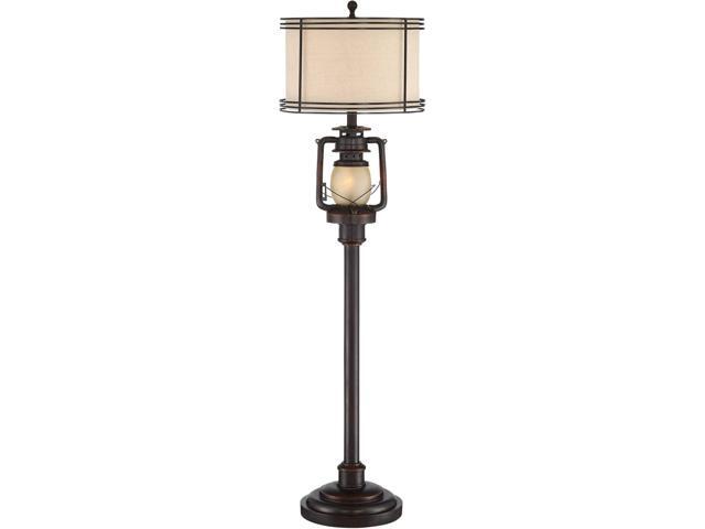 Barnes and Ivy Henson Rustic Industrial Farmhouse Standing Floor Lamp with Night Light Glass 63' Tall Bronze Earthy Fabric Drum Shade Decor for...