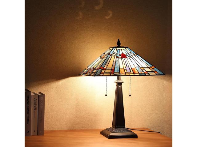 Tiffany Table Lamp 16' Wide Handmade Stained Glass Lamp Shade 2 Light Blue Mission Style Vintage Table Lamp for Living Room Bedroom