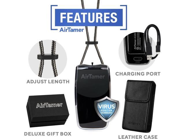 AirTamer A320 Rechargeable Personal Air Purifier, Proven Performance, Virus and Pollutant Tested*, Black with Leather Travel Case