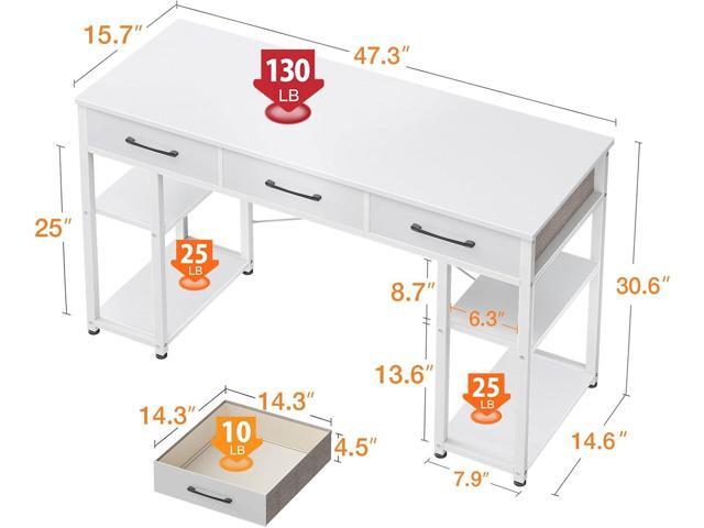 ODK Office Small Computer Desk: Home Table with Fabric Drawers & Storage Shelves, Modern Writing Desk, White, 48'x16'