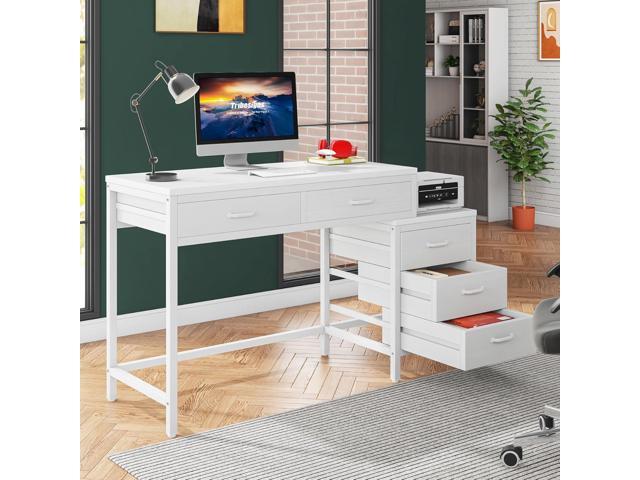 Tribesigns Computer Desk with 5 Drawers, Home Office Desks with Reversible Drawer Cabinet Printer Stand, Industrial PC Desk with Storage, White...