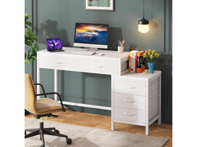 Tribesigns Computer Desk with 5 Drawers, Home Office Desks with Reversible Drawer Cabinet Printer Stand, Industrial PC Desk with Storage, White...