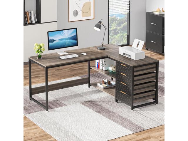 Tribesigns L Shaped Computer Desk with Storage Drawers, 59 inch Corner Desk with Shelves, Reversible L-Shaped Office Desk Writing Table Workstation...