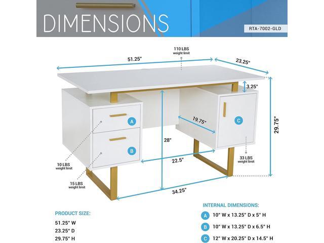 Techni Mobili Storage Drawers and Cabinet 51.25 W-Modern Office Large Floating Desktop Surface Desk, White/Gold