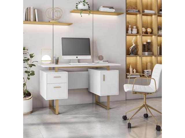 Techni Mobili Storage Drawers and Cabinet 51.25 W-Modern Office Large Floating Desktop Surface Desk, White/Gold