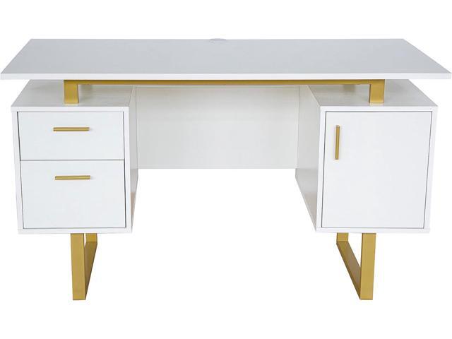 Techni Mobili Storage Drawers and Cabinet 51.25 W-Modern Office Large Floating Desktop Surface Desk, White/Gold