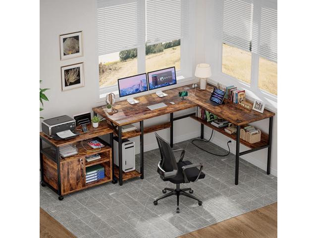 Unikito L Shaped Computer Desk with Magic Power Outlets and USB Charging Ports, Sturdy Reversible Corner Desk with Storage Shelves, Durable Work...