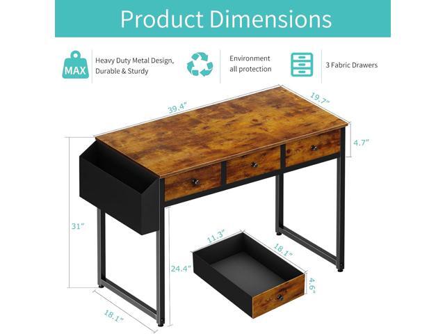 Lufeiya 40 Inch Desk with Drawers for Bedroom - 39 Inch Home Office Desks with 3 Fabric Storage Drawer and Pocket, Study Writing Table Rustic...