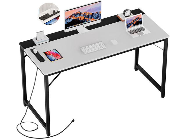 55 Inch Computer Desks with Power Outlets and USB Charging Ports, Modern Office Desk for Small Spaces, Sturdy Laptop PC Gaming Writing Table for...