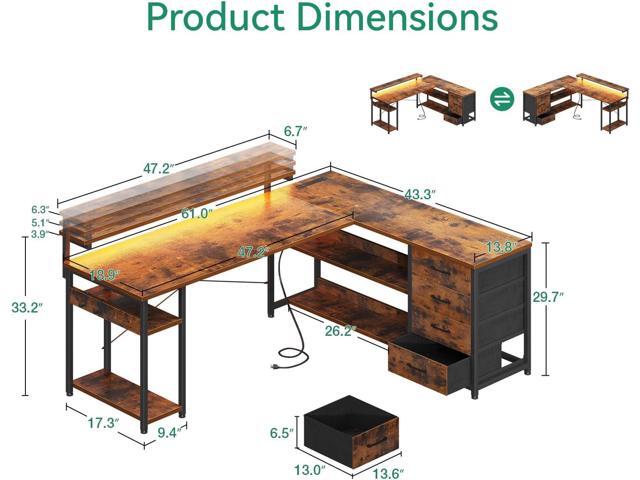 AODK 61' L Shaped Desk with Drawer, Computer Desk with Power Outlets & LED Lights, Reversible Corner Gaming Desk for Home Office Workstation,...