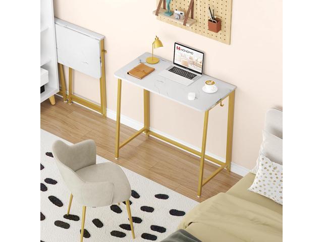 WOHOMO White Marble Folding Desk, 31.5' Small Desk for Small Spaces with Gold Legs, Easy Assemble Foldable Computer Desk, Mini Portable Working...